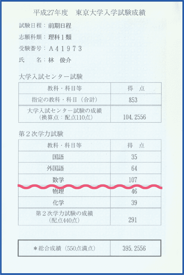 東京大学入学試験成績全体イメージ
